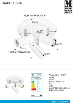 Barcelona taklampe hvit 3 spotter - Hvit