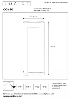 Combo pullert 25 cm 9W IP54 3000K - Svart