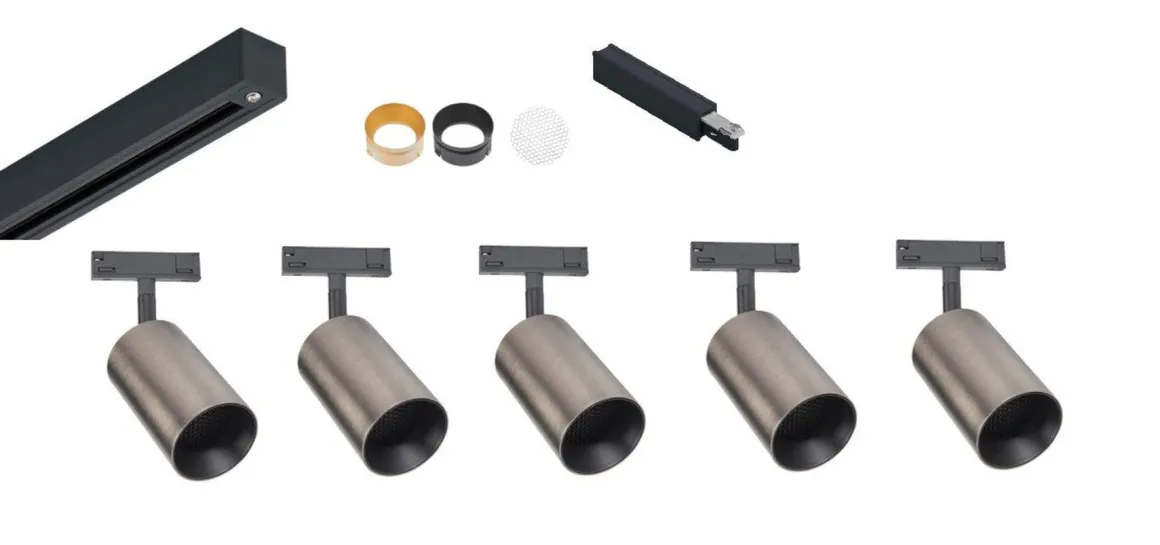 Designline Tube Pro komplett 1.9 meter spotskinne med 5 spotter GU10 - Svart/Titanium