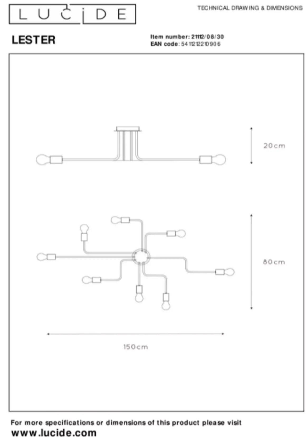 Lester taklampe 8 arm - Svart