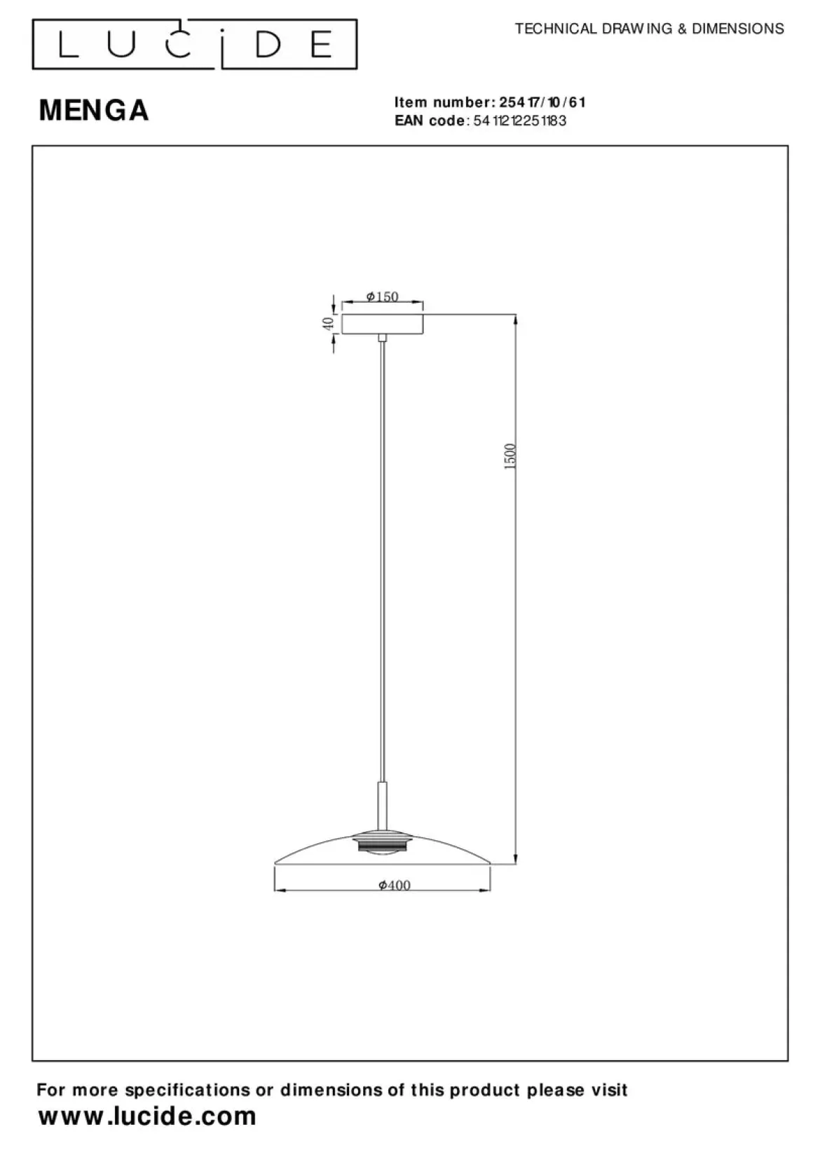 Menga takpendel 40 cm 11W 2700 Kelvin - Dimbar