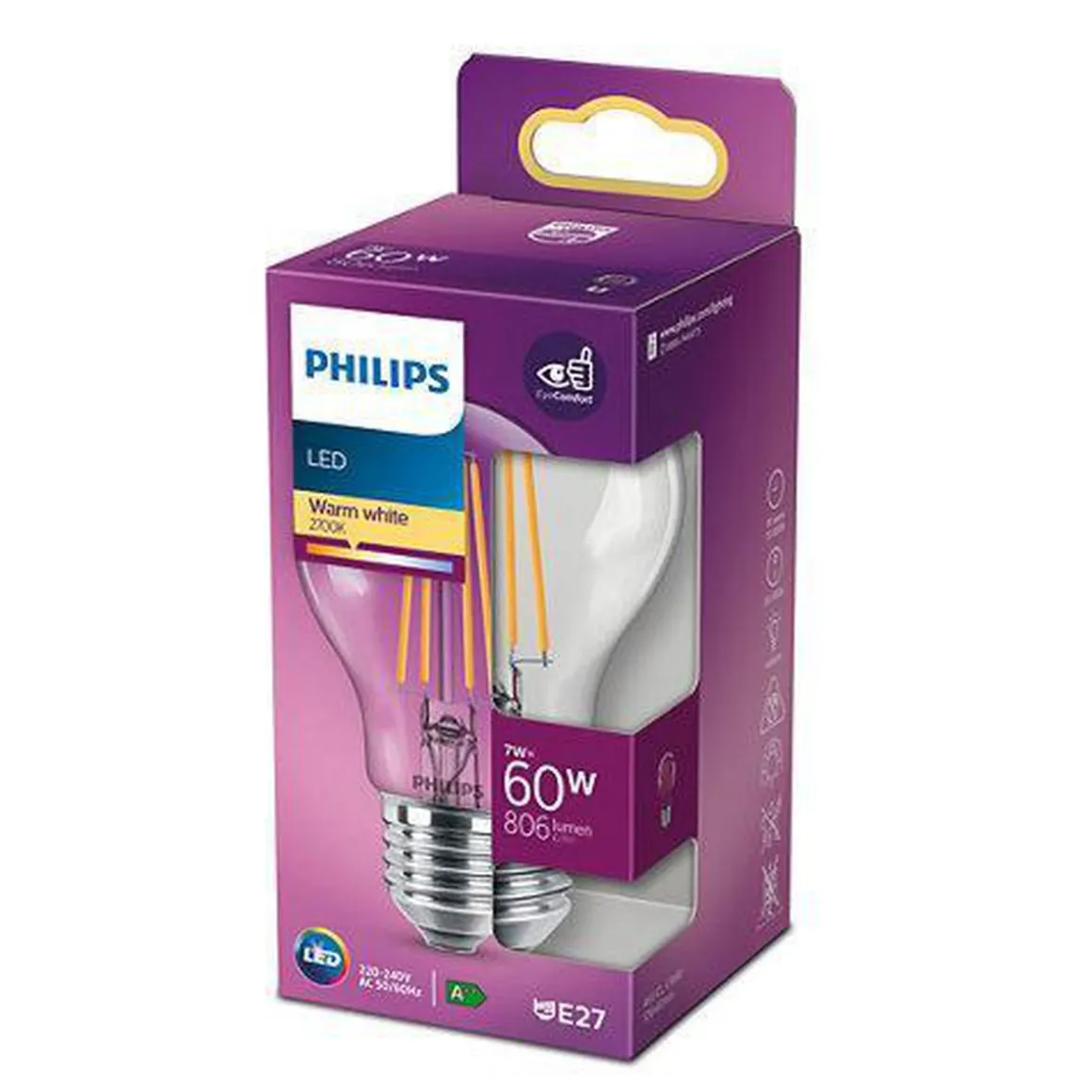 Philips Filament E27 LED 7W 2700K Ikke dimbar - Klar