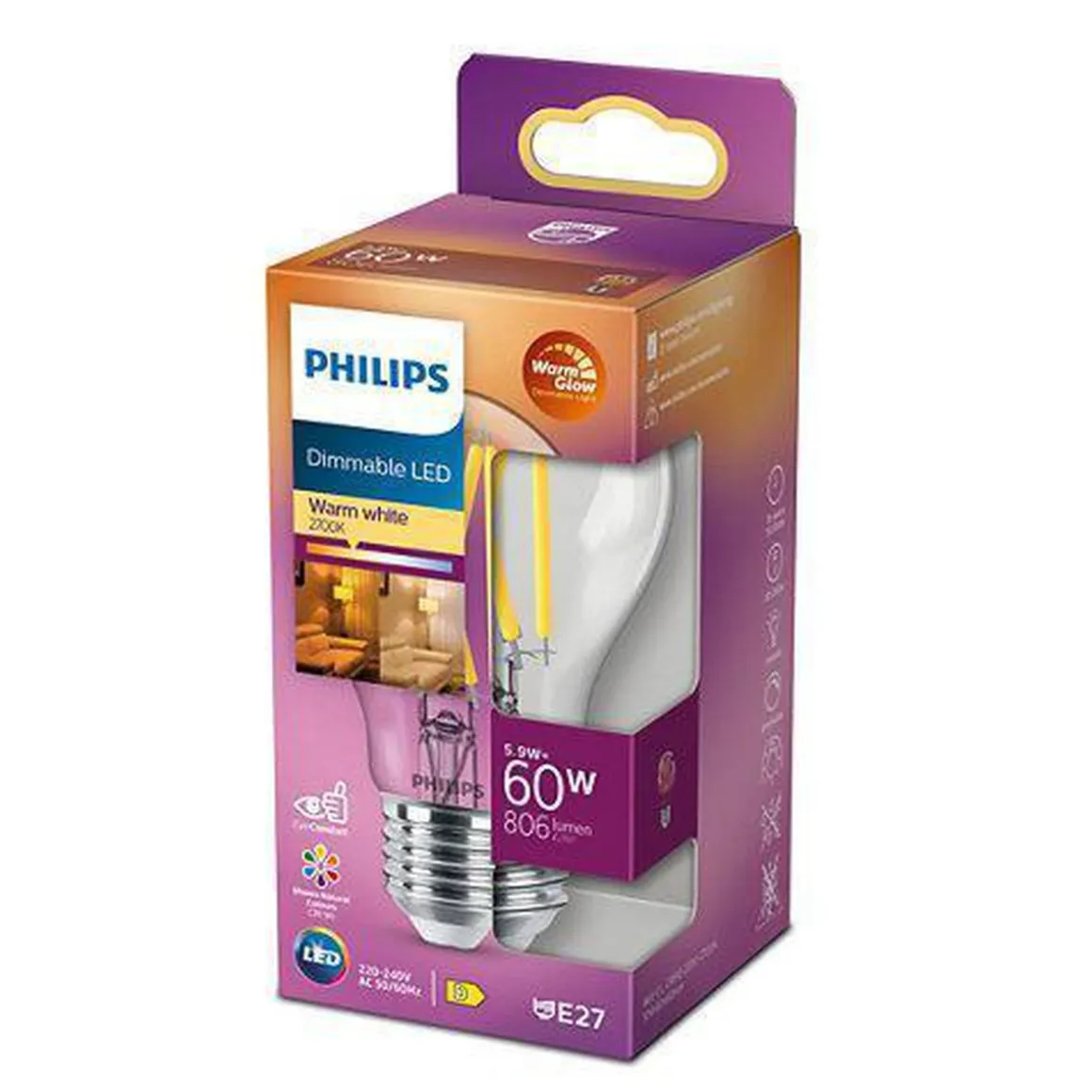 Philips Filament E27 LED 5,9W warmglow - Klar