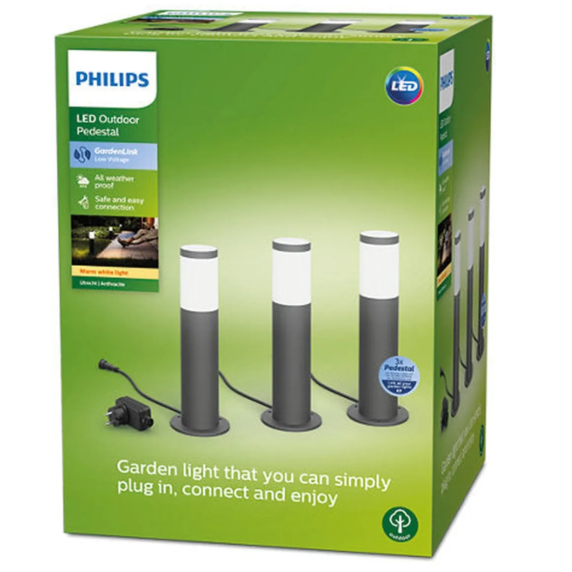 Philips Gardenlink 34,9 cm pullert 2700K 6W IP44 3-pakning - Antrasitt - 12Volt