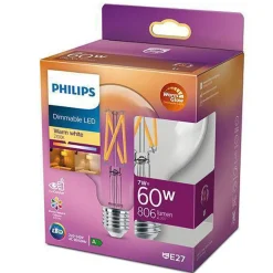 Philips 7W globe dimbar LED filament warmglow 95 mm (60W) RA90
