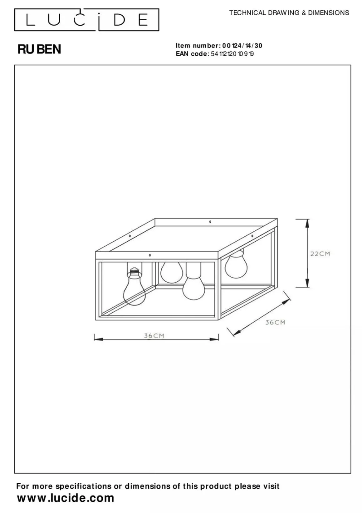 Ruben taklampe 36x36 cm 4-lys - Svart/Gullfarget