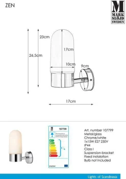 Zen vegglampe IP44 - Krom/opalhvit - Krom / Opal